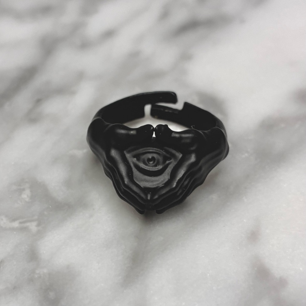 Black metal evil eye signet ring – goth, adjustable - Picture 2 of 2